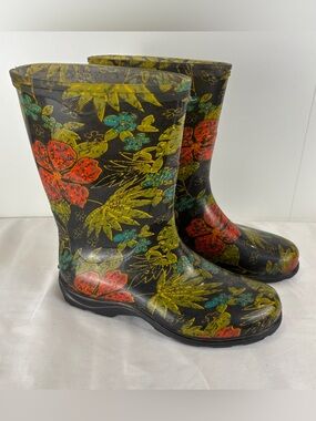 Sloggers Rain Garden Boots Midsummer Black Floral Mid-Calf Mud Muck Women's 9